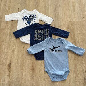 Baby Long Sleeved Dental Themed White and Blue Bodysuits Set of 3, Size 0-3M